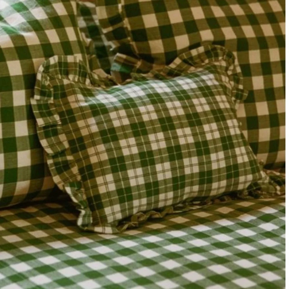 New Heather Taylor Harbor Plaid Ruffled Pillow Hunter Green 12x16 Cottagecore